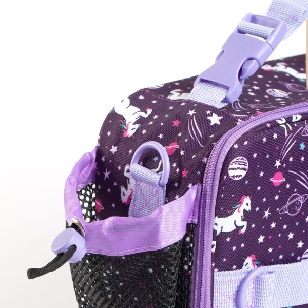 Ланч-сумка холодильник дитяча різнокольорова з кишенею під пляшку та додатковими ручками; забарвлення Єдинороги 700041 фото