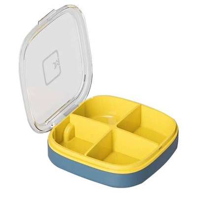 Таблетница органайзер на 4 секции с прозрачной крышкой из пластика 7×7,5 см - сине-желтый цвет 604433-0-1 фото
