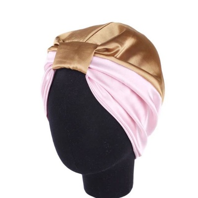 Шапочка-тюрбан для сна шелковая, двухцветная, универсальный размер; цвет Розово-золотой 603023 фото