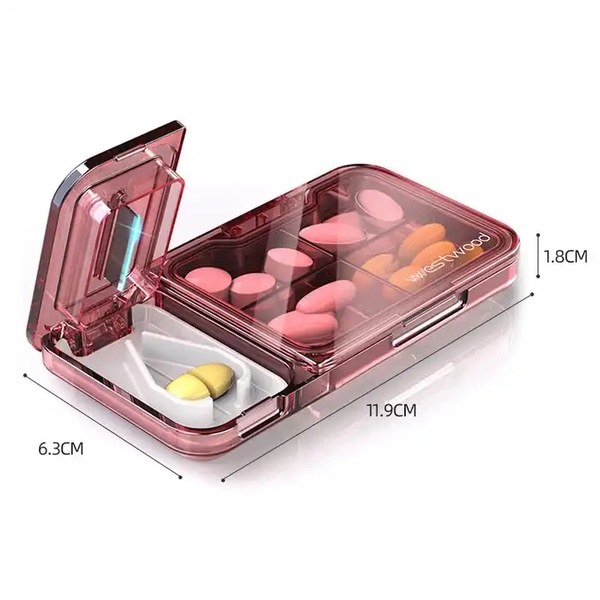Таблетниця на 4 секції з дільником таблеток із пластику 11,9×6,3×1,8 см - колір рожевий 604266 фото