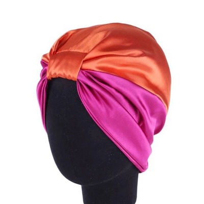 Шапочка-тюрбан для сна шелковая, двухцветная, универсальный размер; цвет Фуксия-оранжевый 603023 фото